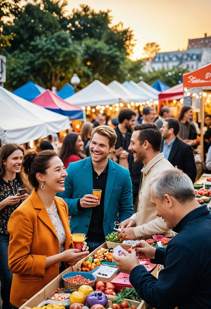 A diverse group of people engaging in a warm, lively outdoor market, showcasing various stalls labeled with signs like 'Dating Auctions' and 'Partner Services'. Include elements of love such as heart-shaped decorations, a couple laughing together, and digital devices displaying love-themed apps. The scene should radiate happiness and connection, with a vibrant sunset in the background enhancing the mood. super-realistic. vibrant colors. 3D.