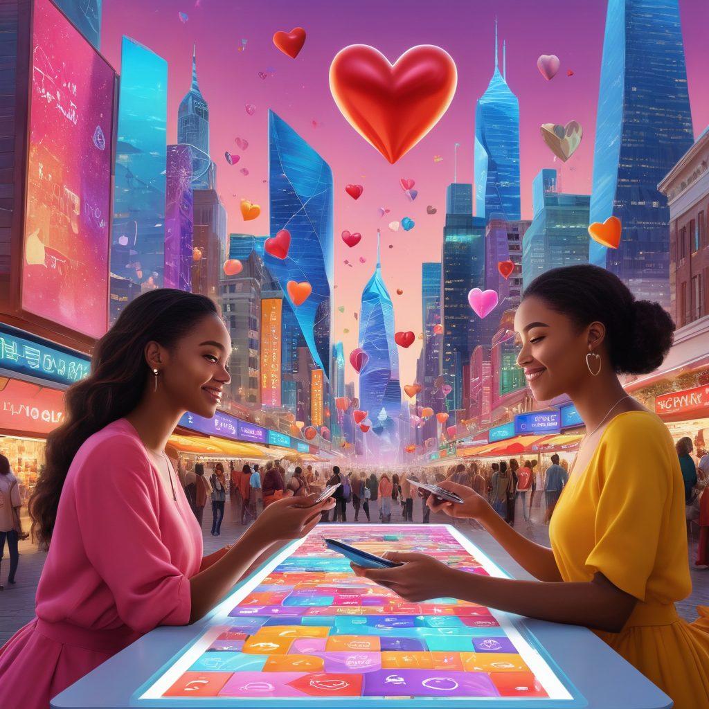 A whimsical marketplace scene filled with vibrant colors, showcasing diverse women interacting with digital devices, trading items symbolizing love and connection. Include floating hearts and playful icons representing relationships and exchange activities. The background features a futuristic cityscape that hints at innovation and modernity. super-realistic. vibrant colors. 3D.