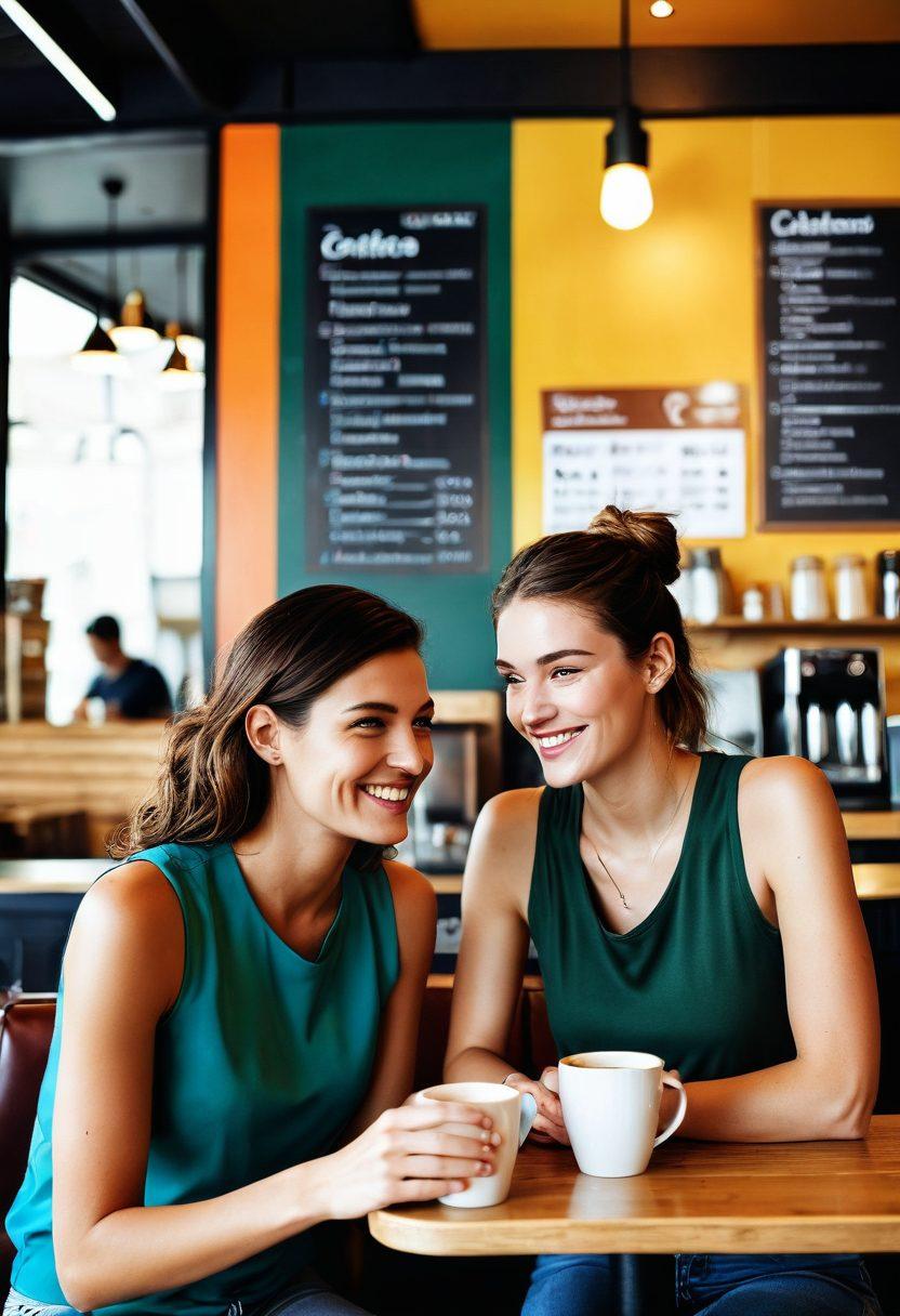 A dynamic split scene showing two individuals in a lively coffee shop, engaging in open conversation, with playful body language. On one side, chart-like icons representing relationship growth, and on the other, subtle cash transactions in the background, symbolizing 'girlfriend transactions.' Warm, inviting colors to evoke a sense of connection and opportunity. super-realistic. vibrant colors. modern illustration.